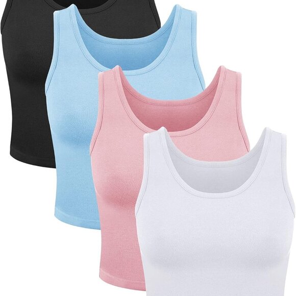 Women Crop Tank Top Basic Sleeveless Sports Crop 4 Pack Small Pink Blue - Picture 1 of 6